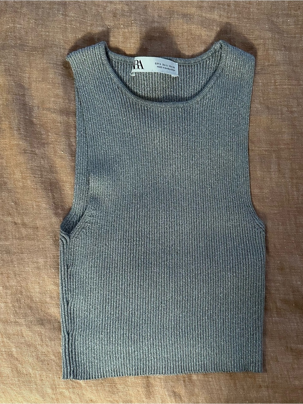 Zara Metallic Thread Ribbed Knit Crop Top in Silver